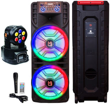 Charger l&#39;image dans la galerie, MR DJ NEWYORK+ 12&quot; X 2 Rechargeable Portable Bluetooth Karaoke Speaker with Party Flame Lights Microphone TWS USB FM Radio + 7-LED Moving Head DJ Light