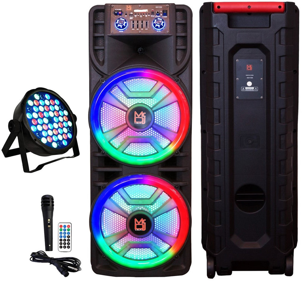 MR DJ NEWYORK+ 12" X 2 Rechargeable Portable Bluetooth Karaoke Speaker with Party Flame Lights Microphone TWS USB FM Radio + 54-LED Slim Par Wash DJ Light