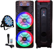 Charger l&#39;image dans la galerie, MR DJ NEWYORK+ 12&quot; X 2 Rechargeable Portable Bluetooth Karaoke Speaker with Party Flame Lights Microphone TWS USB FM Radio + 54-LED Slim Par Wash DJ Light