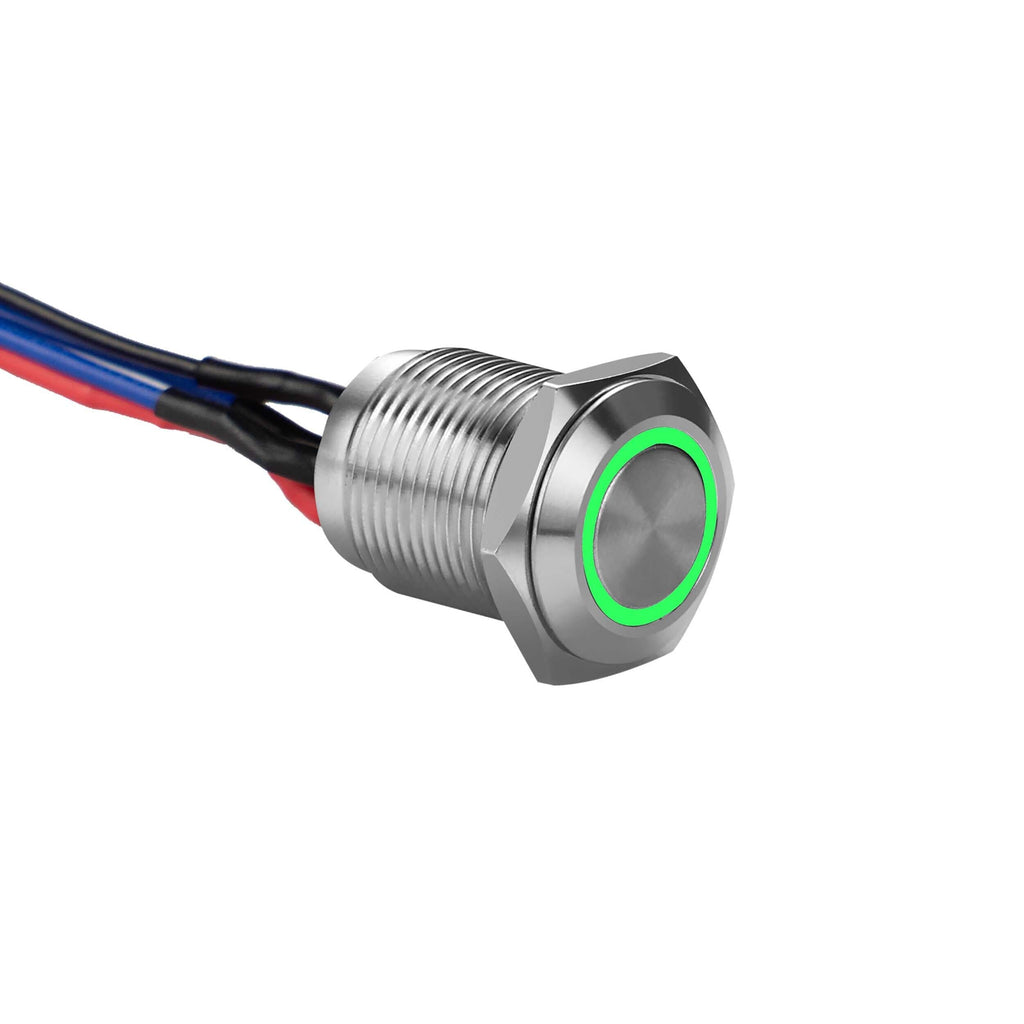 Install Bay MS12G-2 Silver 12MM Round Illuminated Momentary Switches Green Qty 2