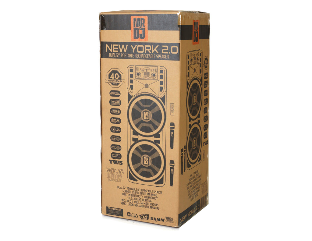 MR DJ NEWYORK 2.0 Dual 12” Rechargeable Bluetooth Party Speaker, 4000W Portable PA System with Flame LED Lights, 2 Wireless Microphones, TWS Stereo, USB, FM Radio
