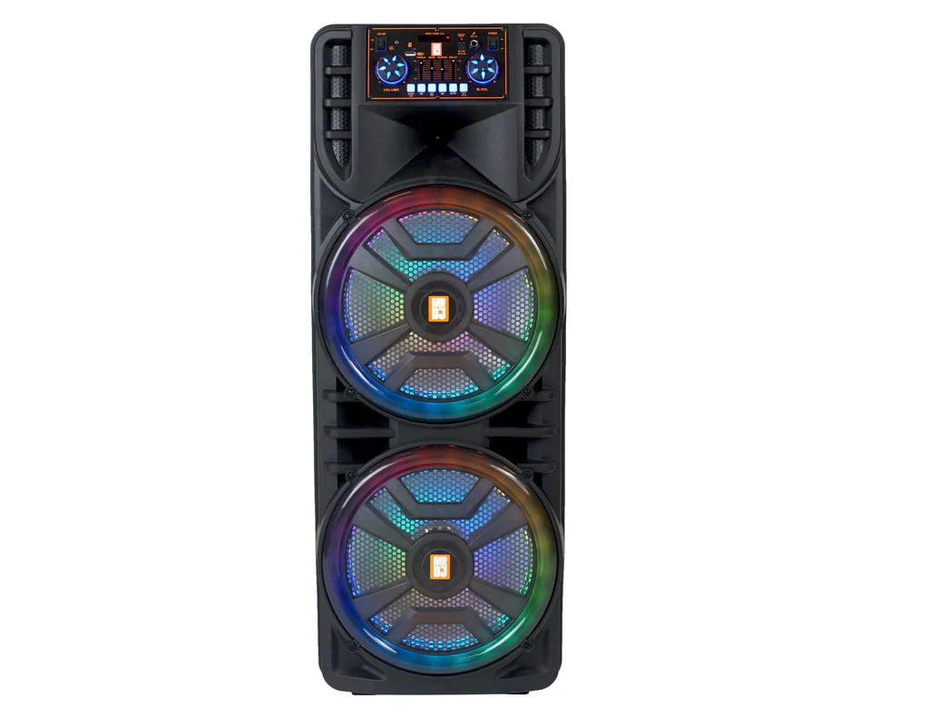 2 MR DJ NEWYORK 2.0 Dual 12” Rechargeable Bluetooth Party Speaker 4000W Portable PA System with Flame LED Lights 2 Wireless Microphones TWS Stereo USB FM Radio