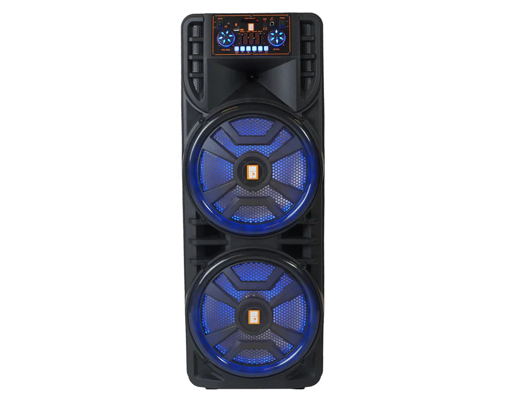 2 MR DJ NEWYORK 2.0 Dual 12” Rechargeable Bluetooth Party Speaker 4000W Portable PA System with Flame LED Lights 2 Wireless Microphones TWS Stereo USB FM Radio