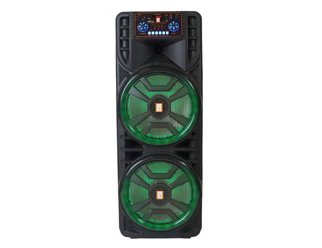 MR DJ NEWYORK 2.0 Dual 12” Rechargeable Bluetooth Party Speaker, 4000W Portable PA System with Flame LED Lights, 2 Wireless Microphones, TWS Stereo, USB, FM Radio