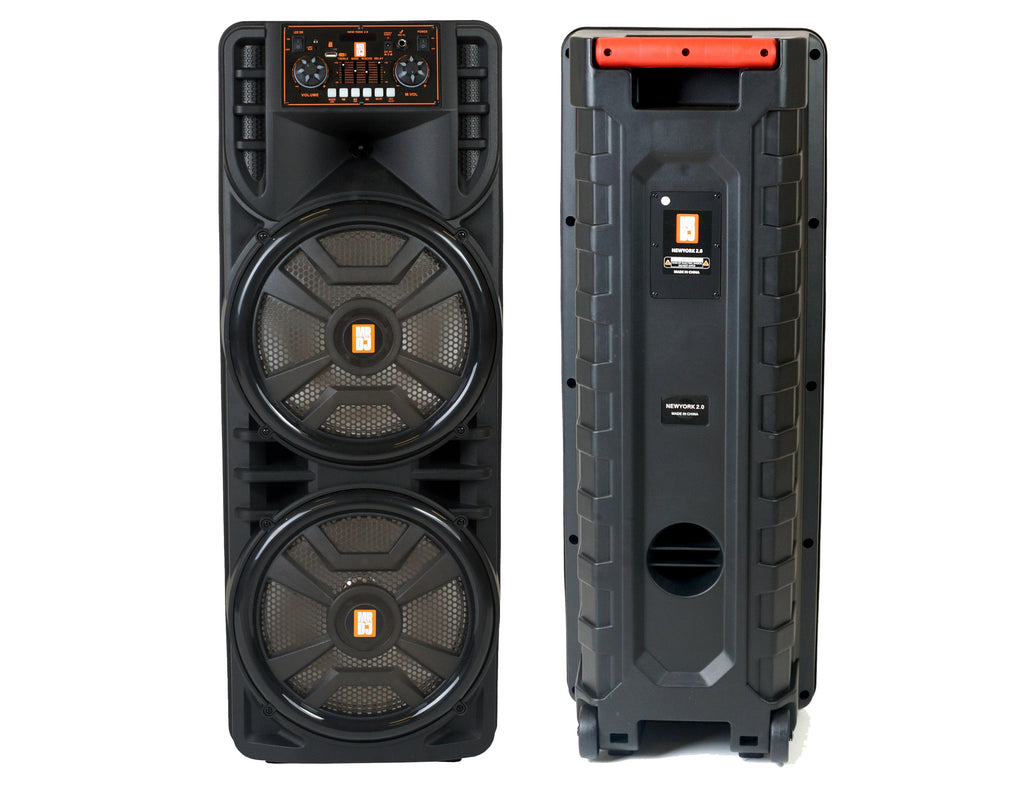 2 MR DJ NEWYORK 2.0 Dual 12” Rechargeable Bluetooth Party Speaker 4000W Portable PA System with Flame LED Lights 2 Wireless Microphones TWS Stereo USB FM Radio