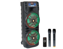 Load image into Gallery viewer, MR DJ NEWYORK 2.0 Dual 12” Rechargeable Bluetooth Party Speaker, 4000W Portable PA System with Flame LED Lights, 2 Wireless Microphones, TWS Stereo, USB, FM Radio