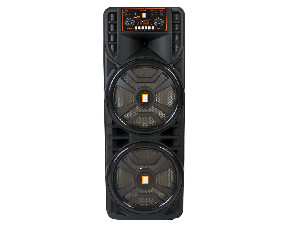 MR DJ NEWYORK 2.0 Dual 12” Rechargeable Bluetooth Party Speaker, 4000W Portable PA System with Flame LED Lights, 2 Wireless Microphones, TWS Stereo, USB, FM Radio