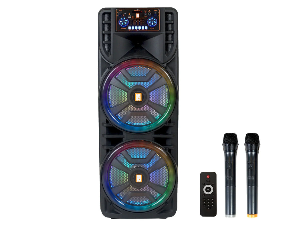 MR DJ NEWYORK 2.0 Dual 12” Rechargeable Bluetooth Party Speaker, 4000W Portable PA System with Flame LED Lights, 2 Wireless Microphones, TWS Stereo, USB, FM Radio