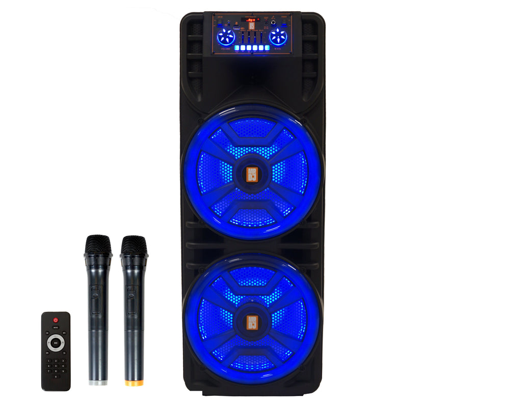 MR DJ NEWYORK 2.0 Dual 12” Rechargeable Bluetooth Party Speaker, 4000W Portable PA System with Flame LED Lights, 2 Wireless Microphones, TWS Stereo, USB, FM Radio