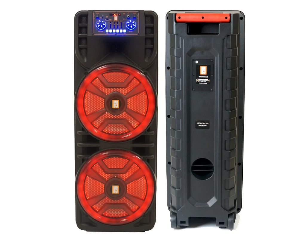 MR DJ NEWYORK 2.0 Dual 12” Rechargeable Bluetooth Party Speaker, 4000W Portable PA System with Flame LED Lights, 2 Wireless Microphones, TWS Stereo, USB, FM Radio