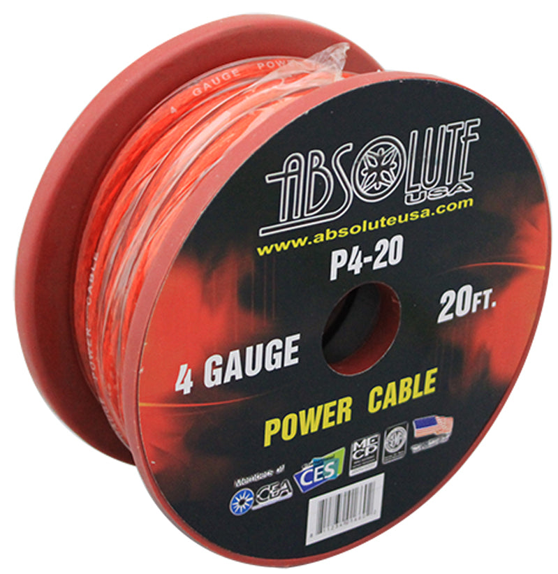 Absolute P4-20RD 20' 4-Gauge Red Copper Mix Power Ground Wire Cable