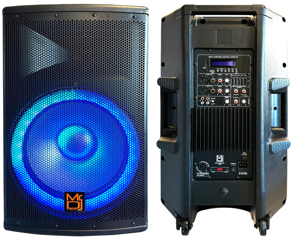 MR DJ 4500W Peak Bi-Amped Bluetooth DJ Speaker with 15" Woofer LED Party Lights Portable PA System, Built-In Media Player, Wired Mic, Speaker Stand, 3-Channel Mixer