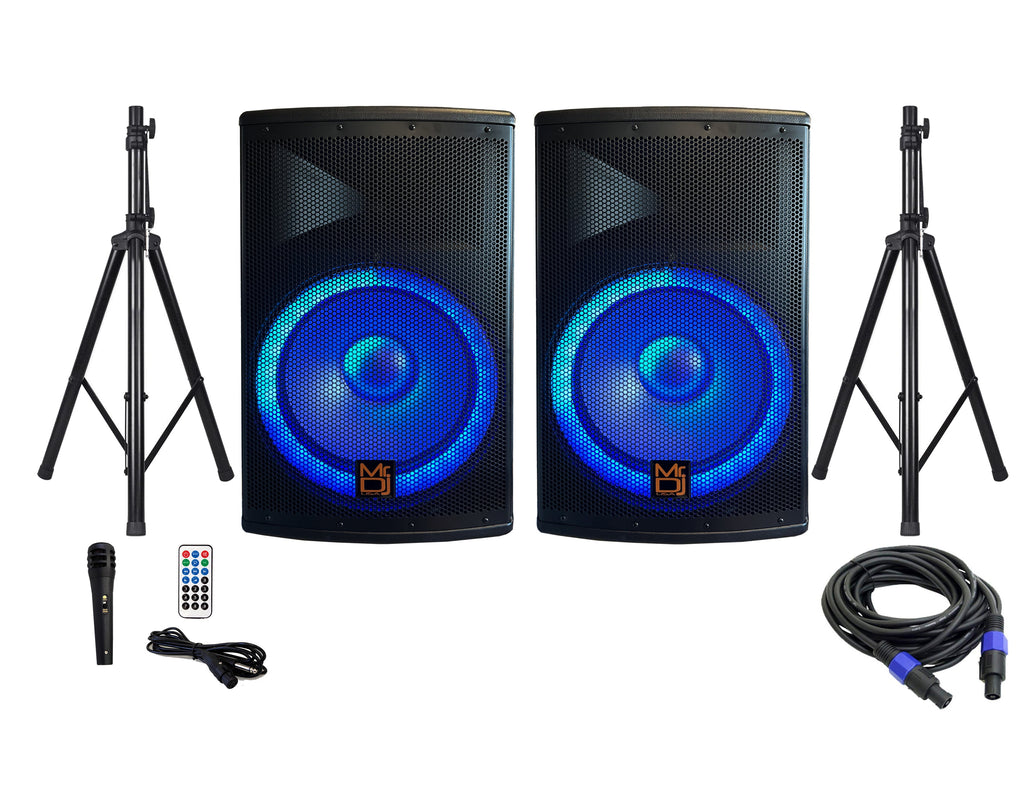 MR DJ PBX4500PKG 15" 2-Way PA DJ 4500W Active Powered Bluetooth Karaoke Speaker LED Lighting & Passive Speaker  + Speaker Stands & Cable