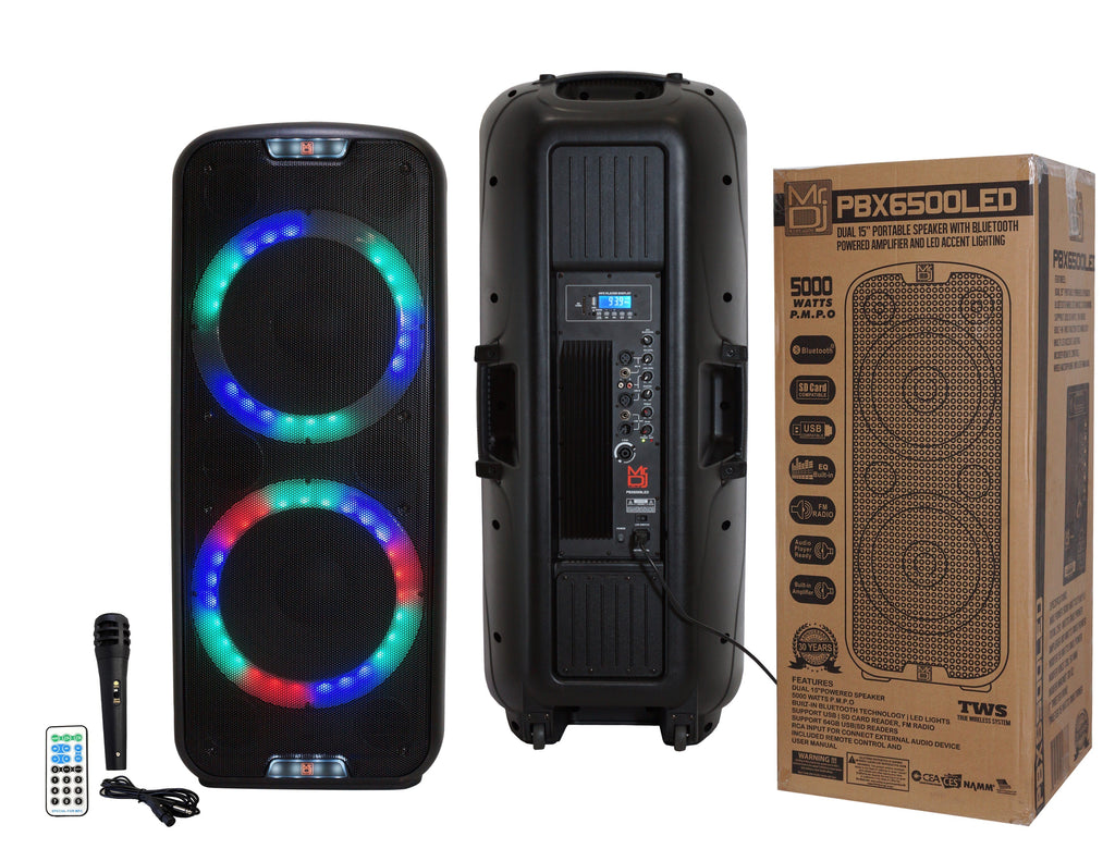 2 MR DJ PBX6500LED Professional Dual 15” 3-Way Full-Range Powered/Active DJ PA Multipurpose Live Sound Bluetooth Loudspeaker