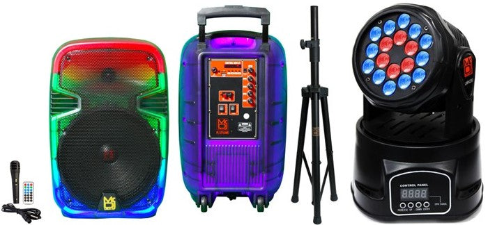 MR DJ PL15FLAME 15" Portable Translucent Bluetooth Speaker + Speaker Stand + 18-LED Moving Head DJ Light