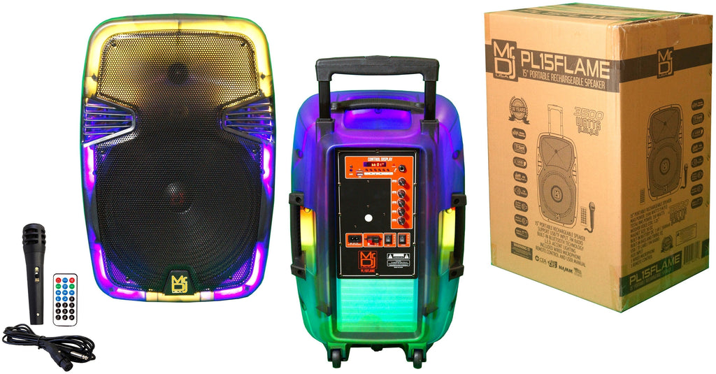 MR DJ PL15FLAME 15" Portable Translucent Bluetooth Speaker + Speaker Stand + 18-LED Slim Par Wash DJ Light