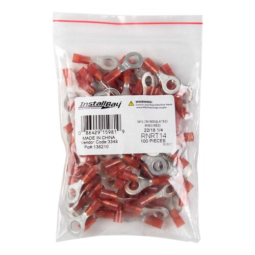 Install Bay RNRT14 Red Nylon Ring Terminal 22-18 Gauge 1/4 inch - Package of 100