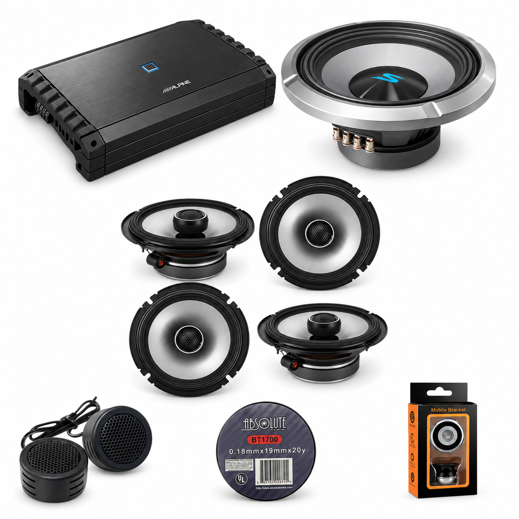 Alpine S2-A55V 5-Ch Amp + 2 S2-S65 6.5" Speaker + S2-W12D4 12" Subwoofer + Accessory Bundle