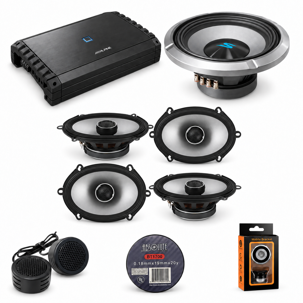 Alpine S2-A55V 5-Ch Amp + 2 S2-S68 6x8" Speaker + S2-W12D4 12" Subwoofer + Accessory Bundle