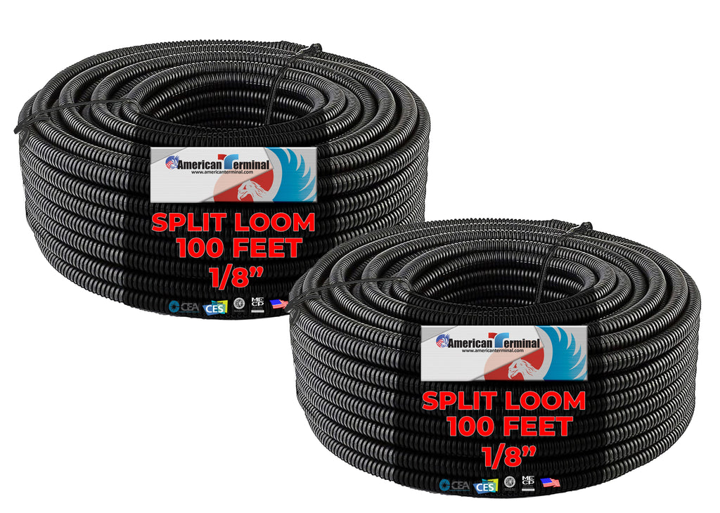 2 American Terminal SL18 High Quality 100' Feet 1/8' Split Loom Wire Tubing Black