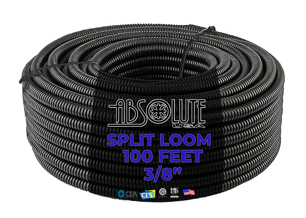 Absolute 3 Rolls 100' Black 1/4" + 3/8" + 1/2" Split Loom Split Wire Loom Conduit Corrugated Plastic Tubing