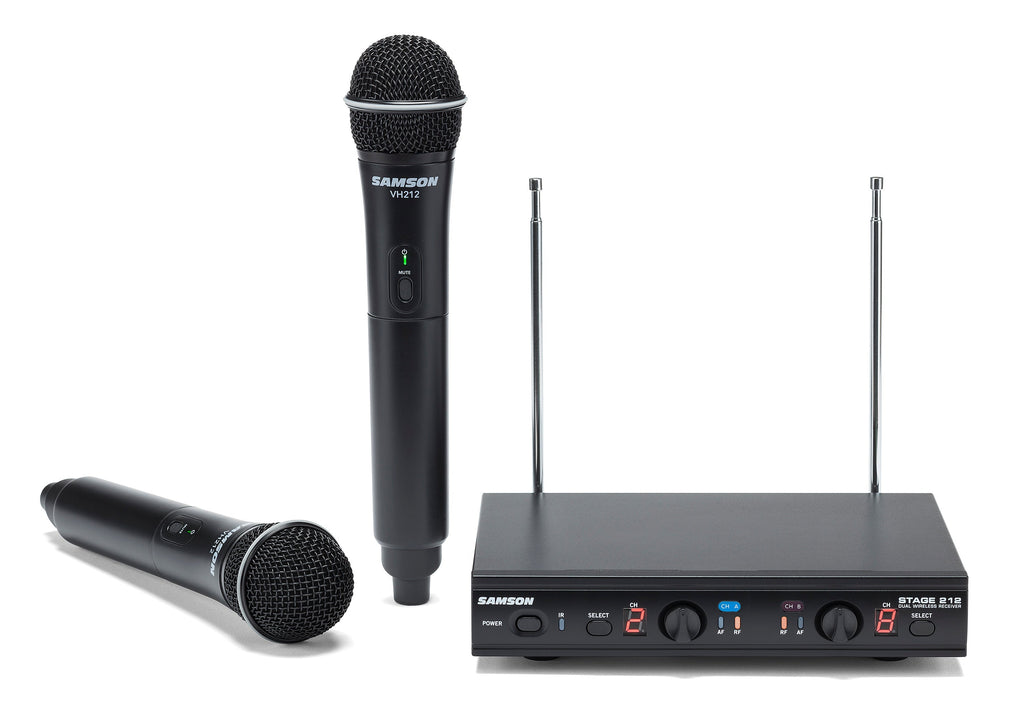 SAMSON Stage 212 Dual VHF Handheld Wireless Microphone System w 2 Q6 Mics Bundle with Mackie CR BUDS Studio Quality Earphones EarBuds Headphones w Mic & Controls