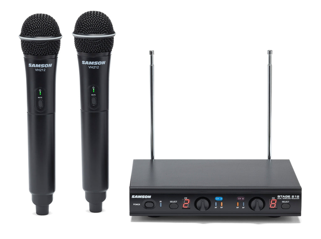 SAMSON Stage 212 Dual VHF Handheld Wireless Microphone System w 2 Q6 Mics Bundle with Mackie CR BUDS Studio Quality Earphones EarBuds Headphones w Mic & Controls