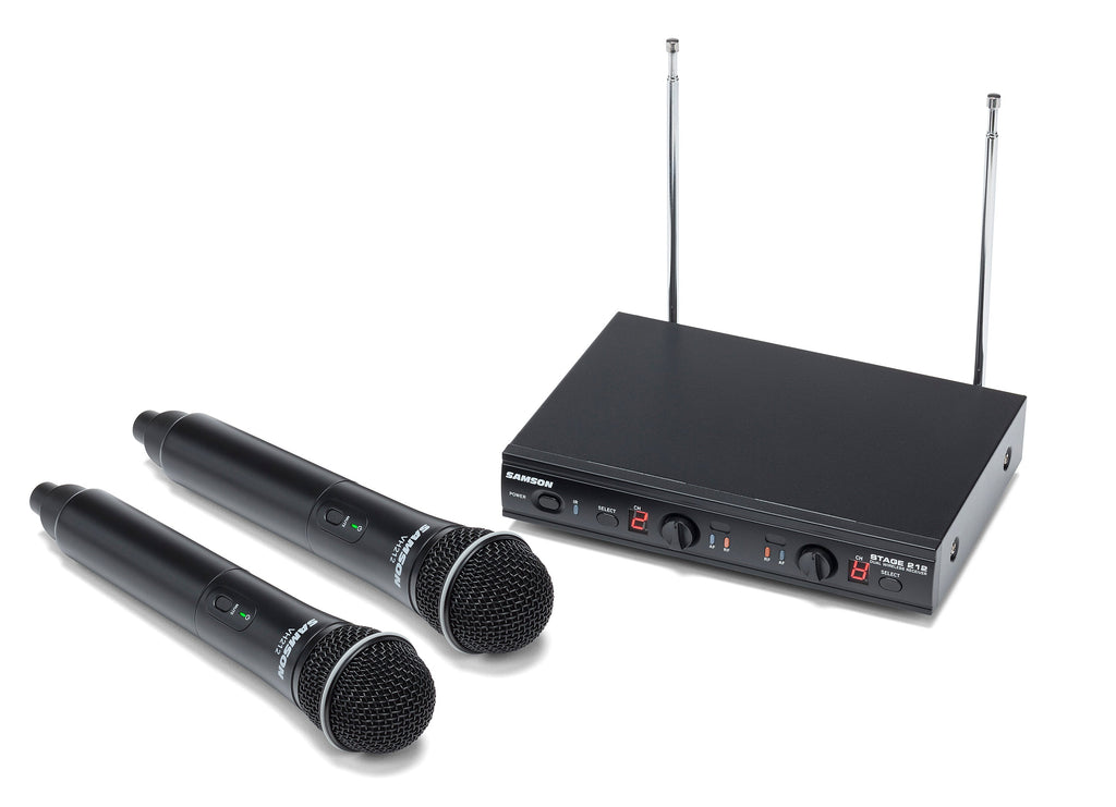 SAMSON Stage 212 Dual VHF Handheld Wireless Microphone System w 2 Q6 Mics Bundle with Mackie CR BUDS Studio Quality Earphones EarBuds Headphones w Mic & Controls