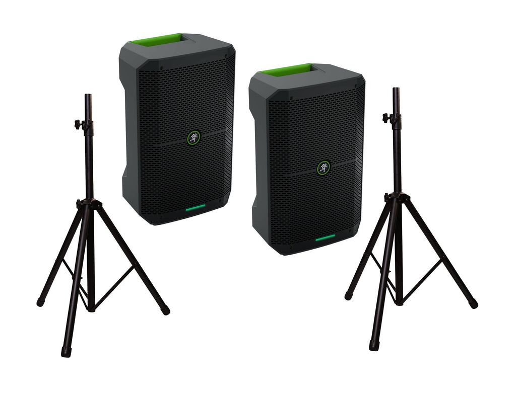 2 Mackie Thump GO 200 watt 8" 2-way Battery-powered portable loudspeaker & Thump Go Carry Bag & Speaker Stand