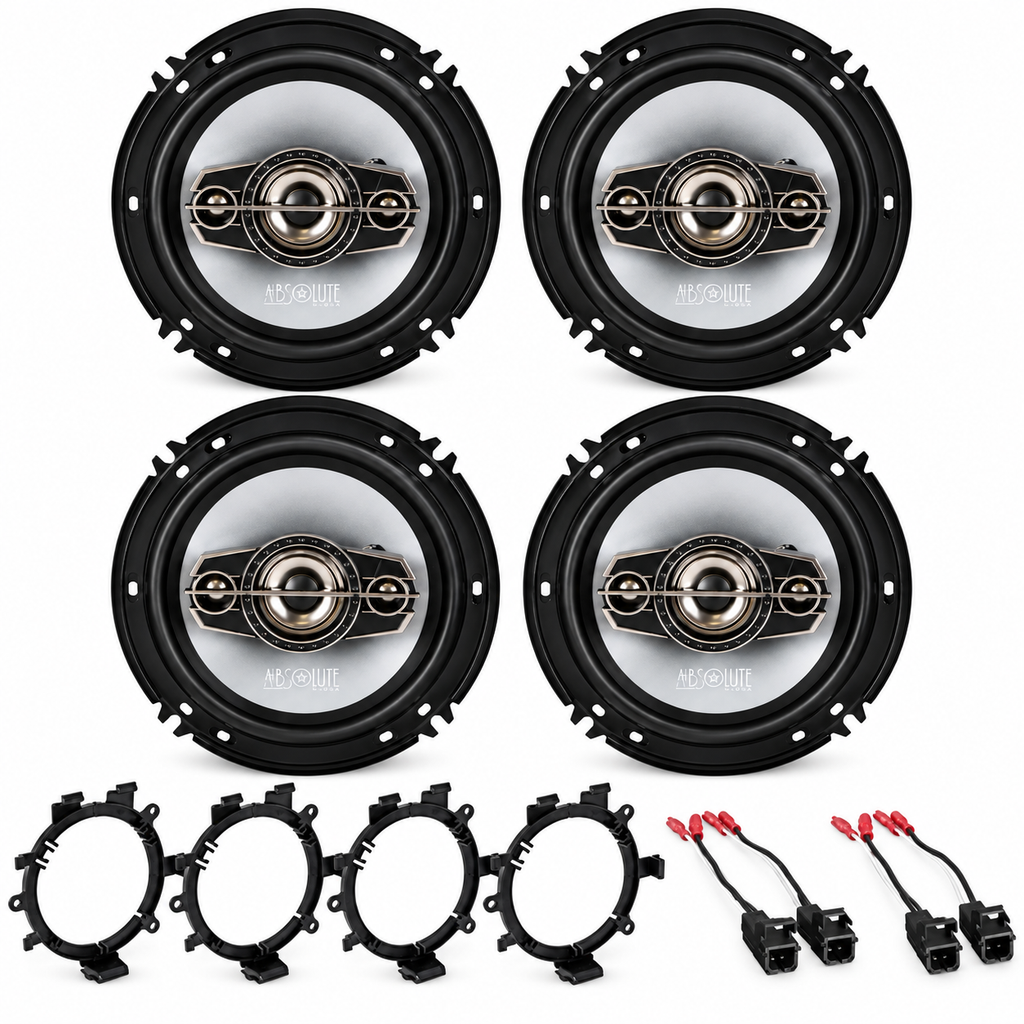 2 Pairs Absolute TQ-654 6.5" 4-Way Car Speakers + GMSB345 GM Speaker Adapters + 72-4568 Harnesses 4-Speaker Front & Rear Upgrade Kit