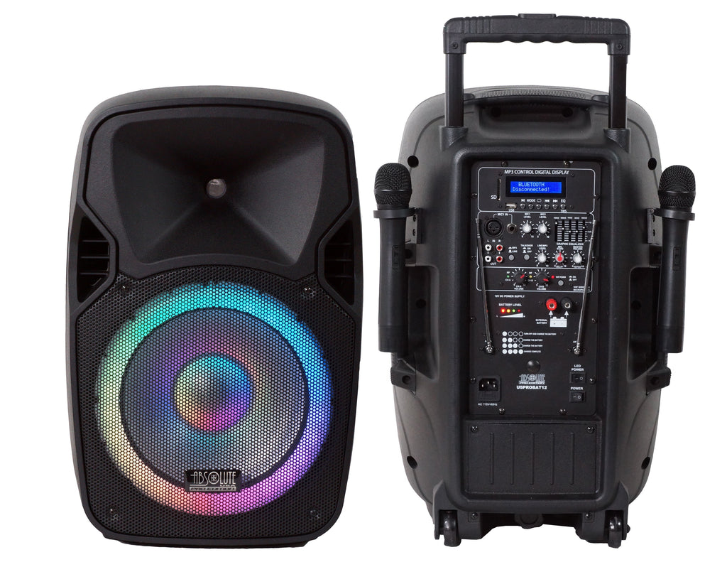 Absolute USPROBAT12 3000 Watts Professional 12" Speaker PA System 2 Wireless Mics Bluetooth Rechargeable