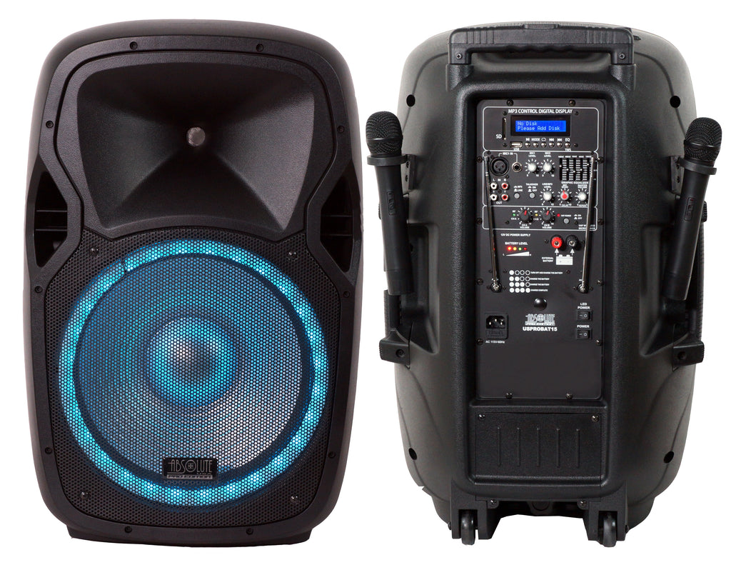 Absolute USA USPROBAT15 15" Wireless Portable PA Speaker System 3500W High Powered Bluetooth Indoor and Outdoor DJ PA Sound Stereo Loudspeaker USB SD MP3 AUX Input Flashing Party Light & FM Radio