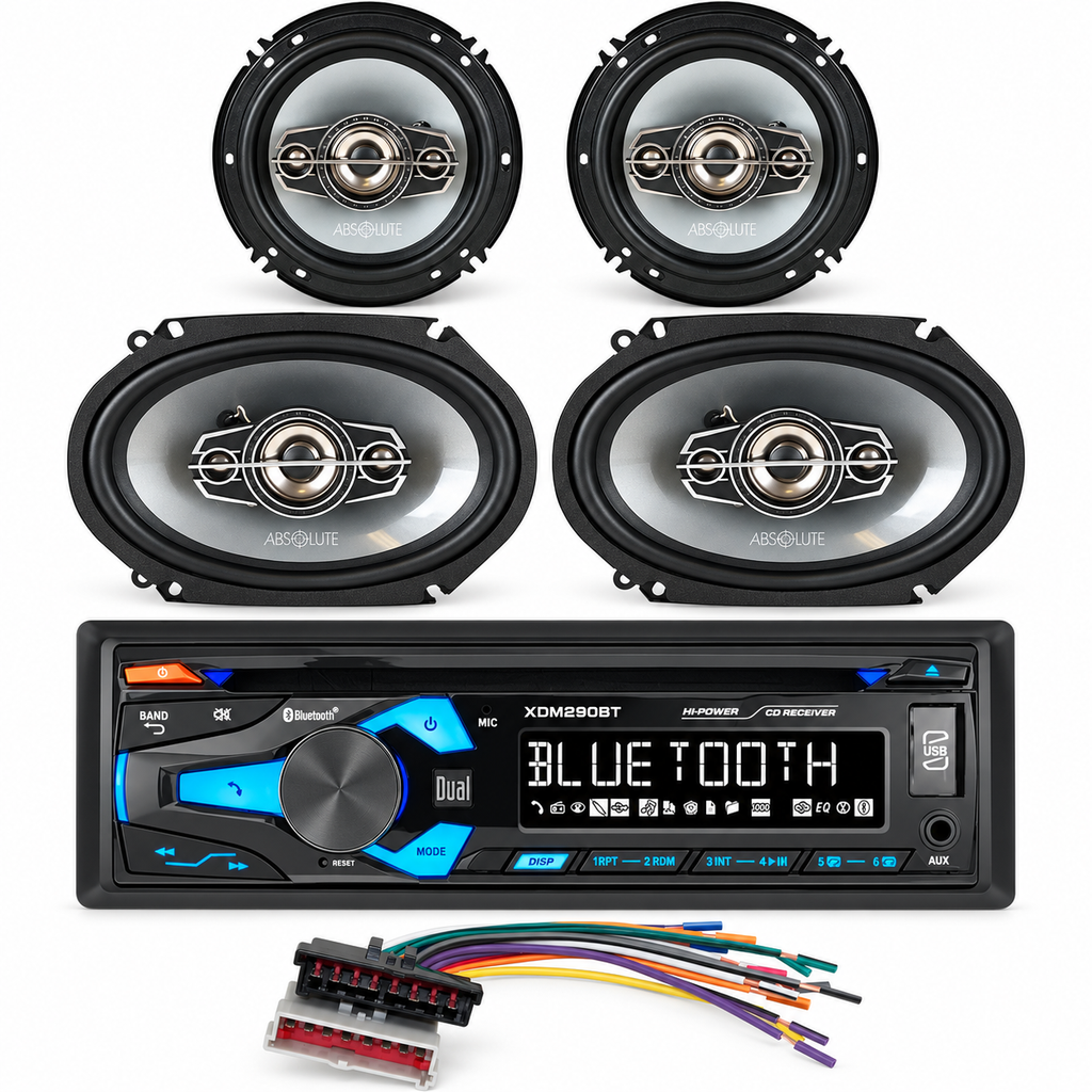 Dual Electronics XDM290BT-FWH594-TQ654-TQ684 Bluetooth Car Stereo AM/FM Radio CD Player & Speaker Package for 1992-1996 F-150