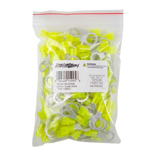Install Bay YNRT38 Yellow Nylon Ring Terminal 12-10 Gauge 3/8 in Package of 100