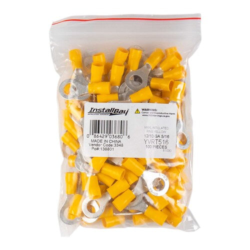 Install Bay YVRT516 Yellow Vinyl Ring Terminal 12-10 Gauge 5/16 in Pack of 100