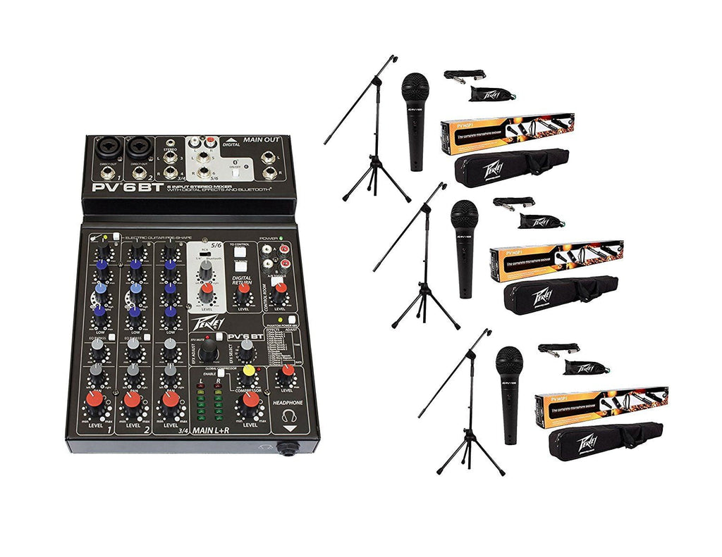 Peavey PV6BT Pro Audio Mixer Bluetooth Effects + 3 MSP-1 XLR Microphone Stand package
