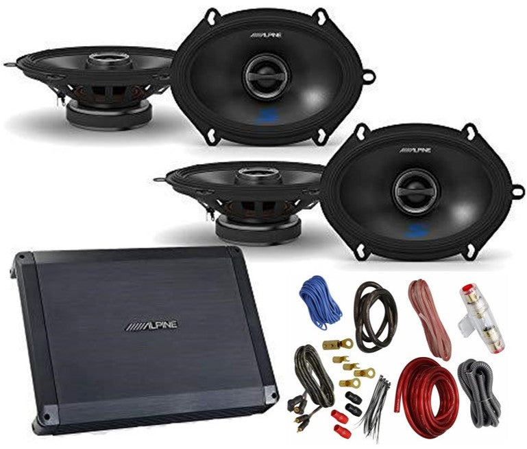 Alpine BBX-F1200 Amplifier with Two Pair of Alpine S-S57 5X7/6X8 Coax Speakers, and Wiring Kit