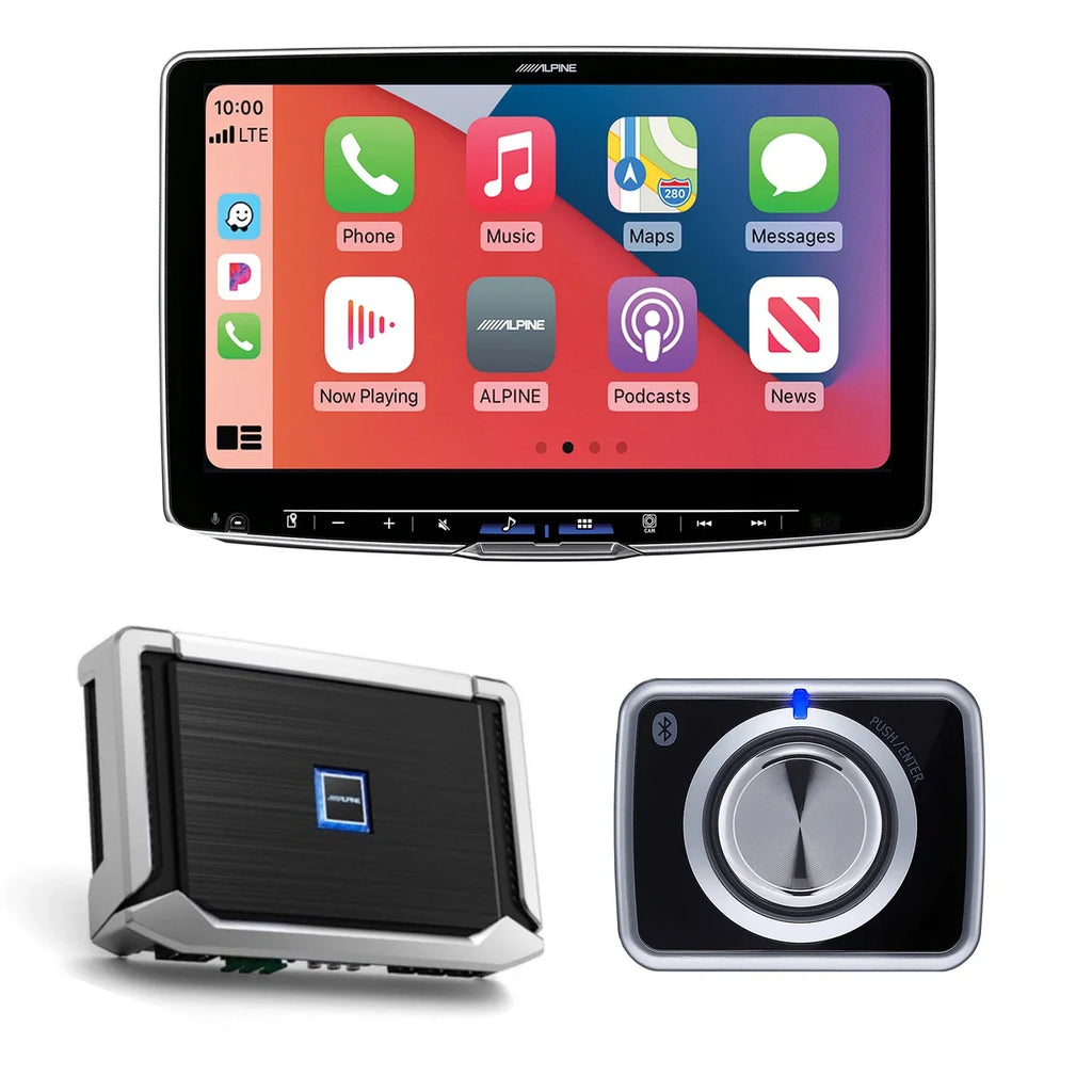 Alpine ILX-F509+X-A90V+RUX-H02 CarPlay/Android Auto Receiver with 900W 5-CH Amp, and Volume/Bass Knob