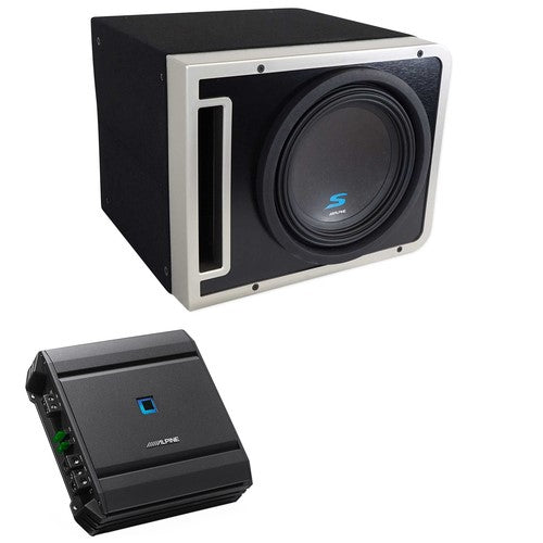 Alpine R-A75M Mono Power Amplifier with R-SB10V 10 Inch Subwoofer Enclosure & RUX-KNOB.2