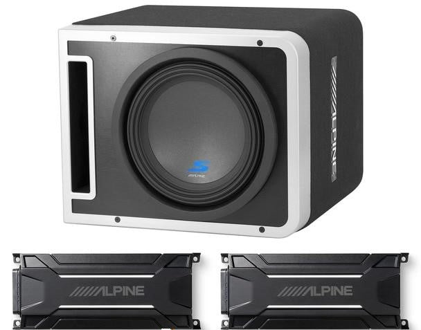 Alpine S-SB10V 10" Vented Loaded Halo Enclosure with Alpine KTA-30MW Mono and KTA-30FW 4-Channel Weather Resistant Amplifiers