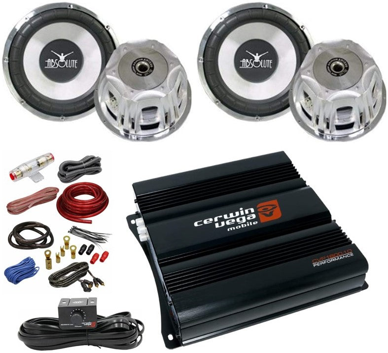 2 Absolute Axis AX1000 10" 1000W & Cerwin Vega CVP1600.1D 1600W & 4 Gauge Amp Kit