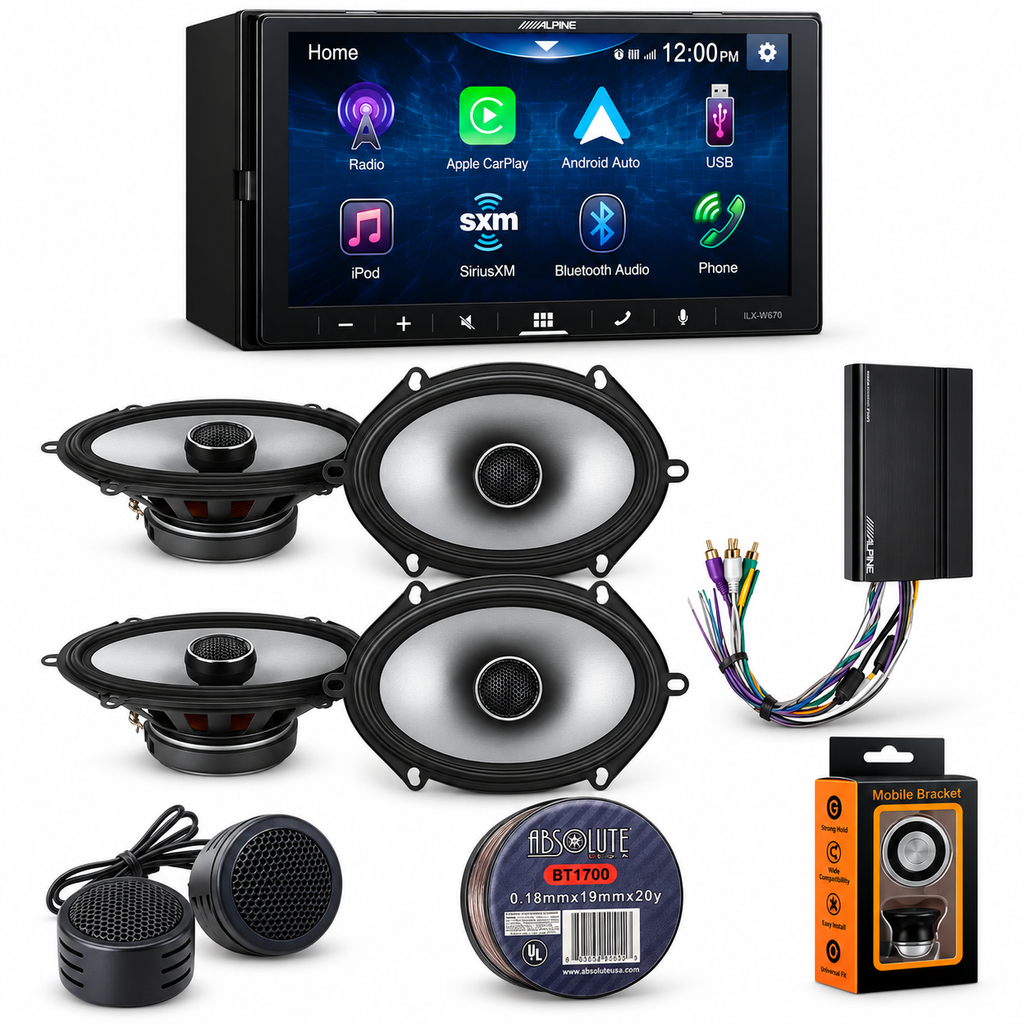 Alpine iLX-W670 Receiver + 2 Pairs 6x8 Coax Speakers+ KTA-450 Power Pack + Accessory Bundle