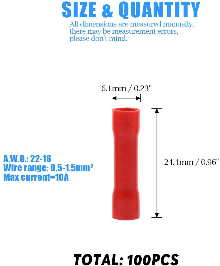 Absolute BC2218R 100 pcs 22 - 18 Gauge AWG Scosche Red Nylon Butt Connectors Crimping Terminals