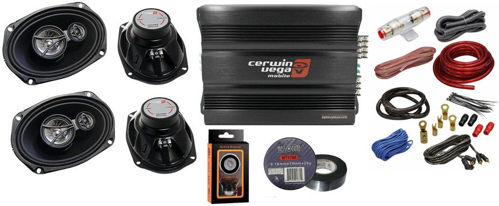 Cerwin Vega CVP1600.4D 4-Ch + 2 XED-693 6x9" 3-Way Speakers + AMP Kit + Mobile Bracket & Tape