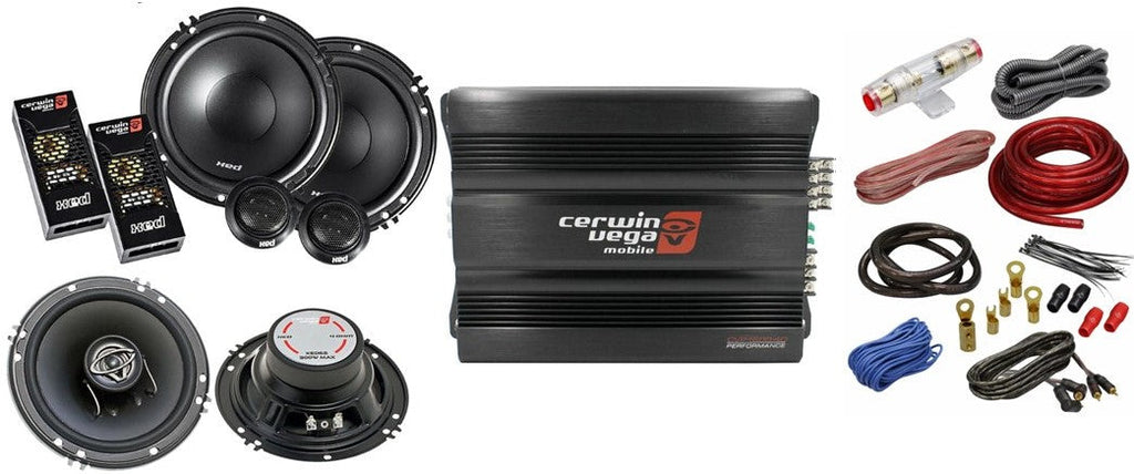 Cerwin Vega CVP1600.4D 1600W Amp + XED650C + XED-62 6.5" Speakers + AMP Kit + Mobile Bracket & Tape