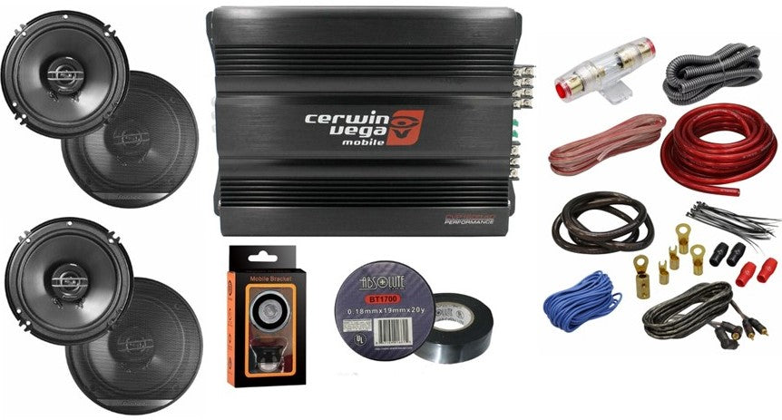 Cerwin Vega CVP1600.4D 1600W 4-Ch + 2 Pioneer TS-G1620 6.5" Speaker + Amp Kit + Mobile Bracket & Tape