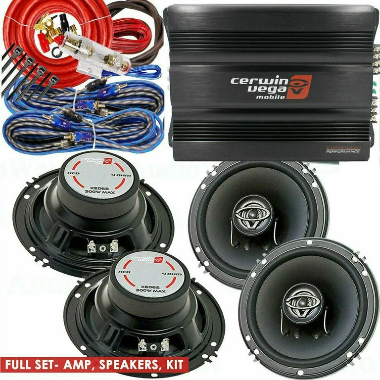 Cerwin Vega CVP1600.4D 1600W Amp + 2 Pair XED62 6.5" 600W Speakers + 4-CH Amp Kit