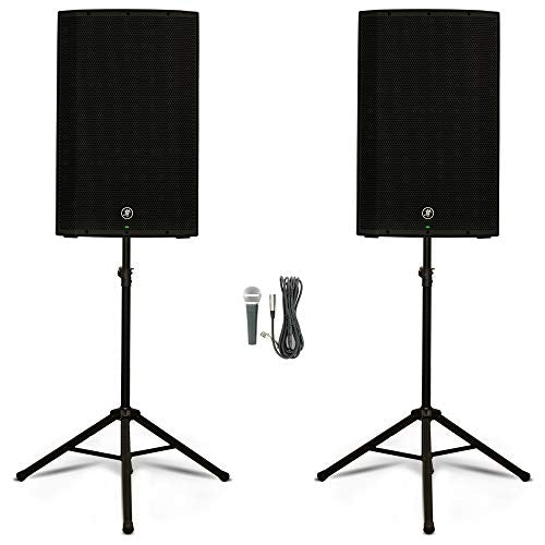 2 Mackie THUMP15A Powered 15" Loudspeaker Speaker with Mic and Stand DJ PA Set