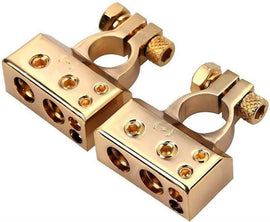2x Car Battery Terminal Positive & Negative Gold 4/8 Awg Gauge Plated Clamps