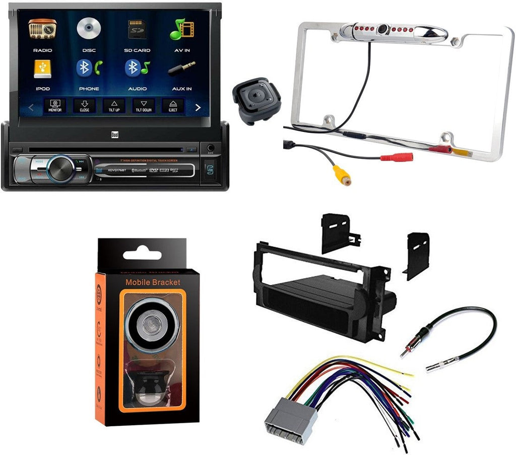 Dual XDVD176BT 7" Touchscreen Single DIN Car Stereo CAM1500S Rear Camera Magnet Phone Holder & Dash Kit for 05-07 Grand Cherokee